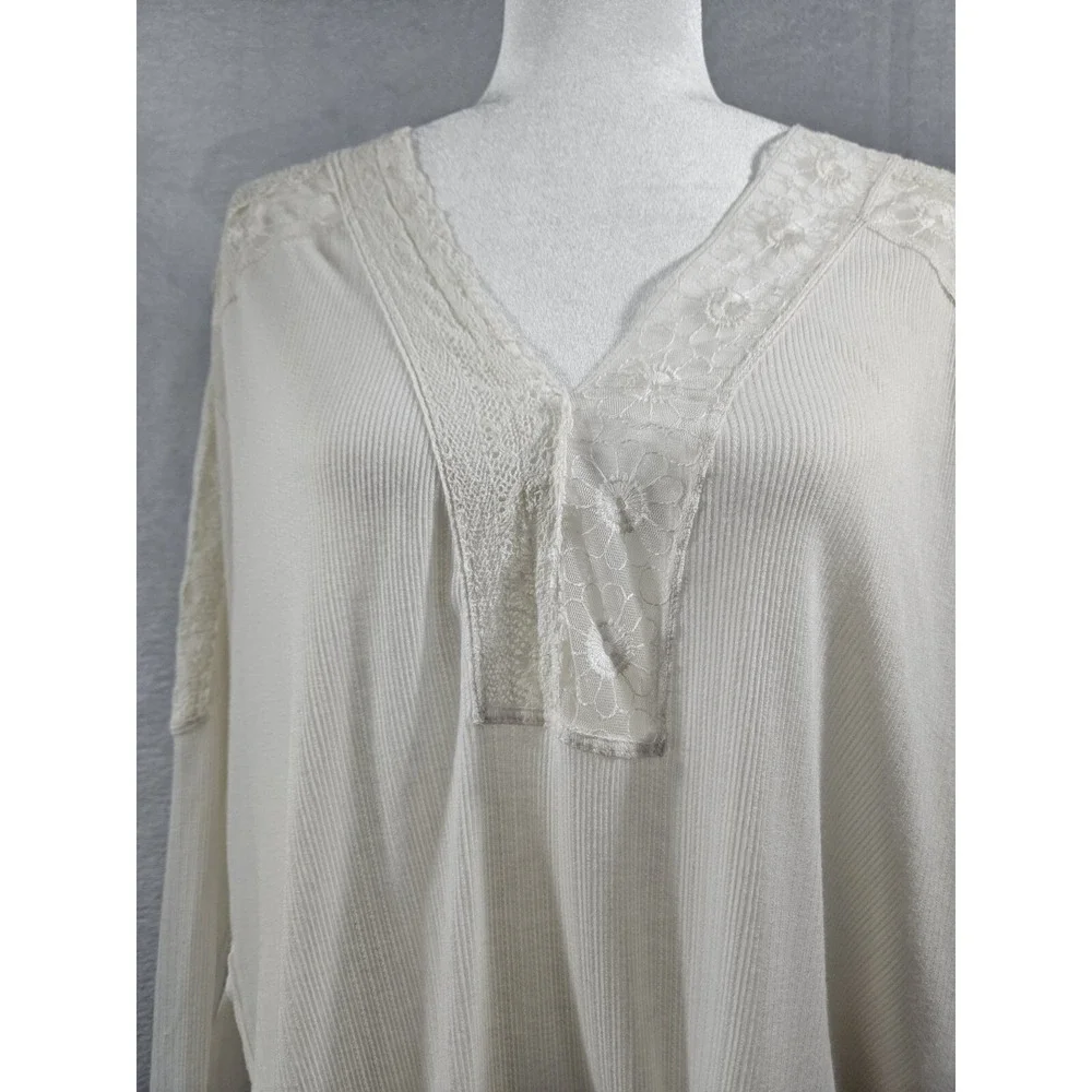 Free People Womens Small Top Ivory‎ Lace Sheer Crochet V-Neck Angel Food Boho